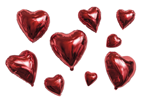 Shiny red heart-shaped balloons against a black background