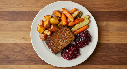 Gourmet plant-based holiday dinner featuring a savory vegan roast, colorful roasted root vegetables, and tangy cranberry sauce on a wooden background