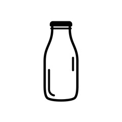 Simple black line art icon of a classic glass milk bottle with a cap. Vector illustration for beverage and dairy concepts