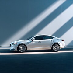 Fototapeta premium Sleek white car angled profile, bathed in light