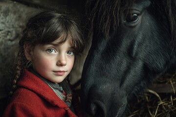 Young girl in red coat interacts with friendly black pony in stable setting during early morning light