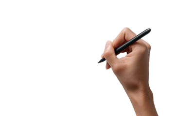 Close-up of a hand holding a black stylus, poised to write or draw on a surface.  Hand is light-skinned,  stylus is slightly angled.  Dark background