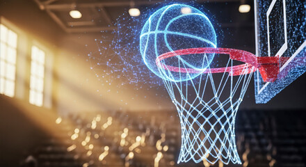 A holographic basketball floating above a basketball hoop in a gymnasium with sun shining through windows