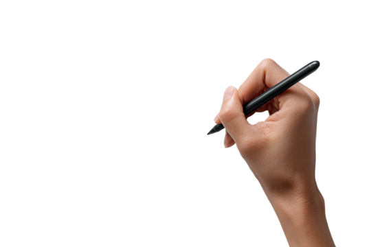 Close-up of a hand holding a black stylus, poised to write or draw on a surface.  Hand is light-skinned,  stylus is slightly angled.  Dark background