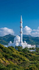 Obraz premium Majestic Riverside Mosque under Stormy Sky, Ramadan Banner with Copy Space