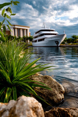 A large white luxury yacht is moored in a marina with green plants and rocks in the foreground. Travel, wealth, and leisure lifestyle concept with a focus on nature.