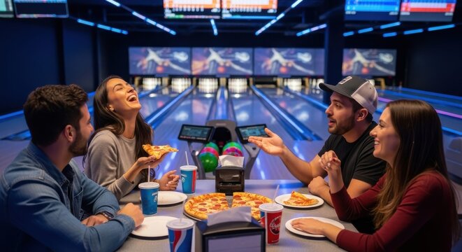Friends enjoying pizza together at a bowling alley, camaraderie and leisure