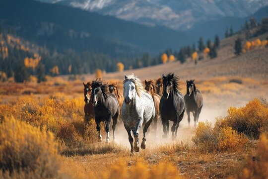 Herd of galloping horses running through a golden meadow in the mountains during autumn