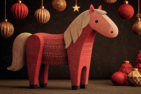 Decorative horse figurine made of textured materials displayed among festive ornaments in cozy atmosphere