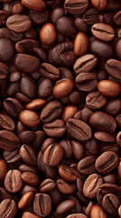 Naklejka premium Aromatic coffee beans arranged in an eye-level close-up. Perfect for cafe menus, websites, and food-related projects.