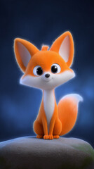 Obraz premium A charming cartoon fox cub, with vibrant orange fur and adorable expressive eyes, sits poised and perky on a stone, a gentle background adding subtle detail.