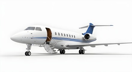 Obraz premium Front view of a white and blue private jet airplane with open stairs on white background Keywords: private jet, airplane, aircraft, jet, aviation