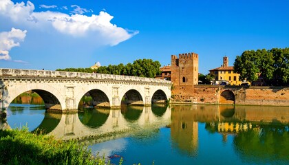 Fototapeta premium Ancient bridge reflects in tranquil river under a sunny sky with fluffy clouds