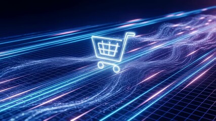 Digital wireframe shopping cart moving across abstract grid with glowing data lines, symbolizing online shopping or e-commerce payment. - Powered by Adobe