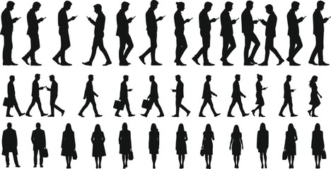 Silhouettes of walking business people using phones, carrying briefcases, men and women in professional attire, perfect for business design