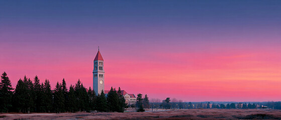 University Tower Silhouette, Gradient Evening Sky Web Header Template
