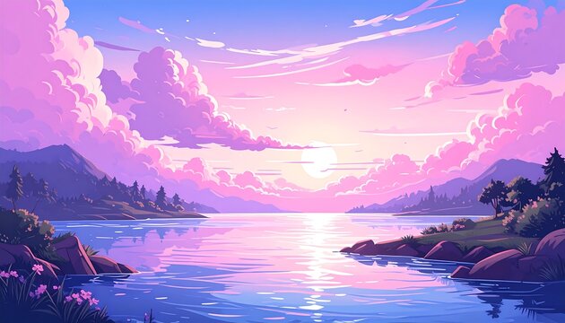 Pastel landscape sunrise over a lake - Powered by Adobe