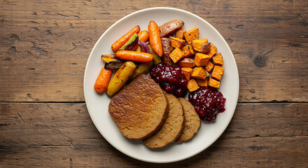 Savory plant-based holiday roast dinner with tender roasted root vegetables and a vibrant cranberry sauce, served on a rustic wooden table for a delicious festive meal