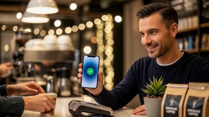 Man customer using smartphone for mobile payment at counter in cafe, showing successful transaction for contactless purchase footage. - Powered by Adobe