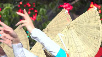 TOKYO, JAPAN - AUG 2025 : Awa Odori dance festival in Koenji. Powerful and energetic dance and music. Traditional Japanese summer event in Tokyo. Slow motion shot of dancer.