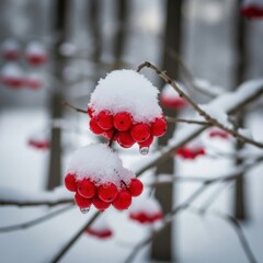 Viburnum Opulus Red Berries Covered in Fresh Snow during Winter Season