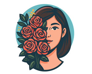 Florist shop logo. Roses bouquet and woman face. Floral icon design. Floristry retail store logotype. Brunette girl with brown hair 