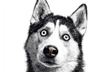 Fototapeta premium Husky dog close-up with surprised expression on white background in sketch style.