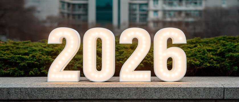 Glowing 2026 Billboard at Night, Urban New Year Banner with Copy Space
