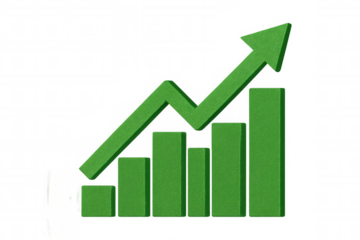 Green bar graph with an upward arrow symbolizing growth and success, set against a transparent background for versatile use in designs