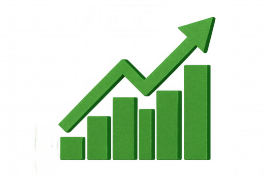 Green bar graph with an upward arrow symbolizing growth and success, set against a transparent background for versatile use in designs