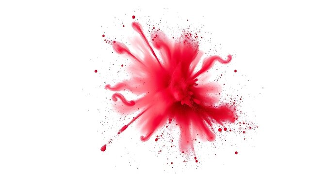 Vibrant red Holi powder explosion captured dynamically against a white background.