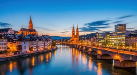 Fototapeta premium Enchanting cityscape view of Basel, Switzerland at dusk with glowing lights