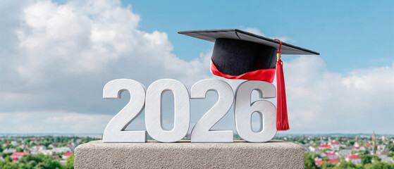 2026 Graduation Banner, Chrome 3D Numbers with Mortarboard and Diploma, Wide Copy Space