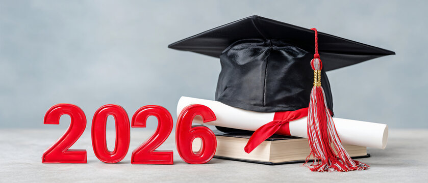2026 Graduation Banner, Chrome 3D Numbers with Mortarboard and Diploma, Wide Copy Space