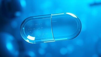 Futuristic translucent capsule floating against a blue medical backdrop with light refraction.