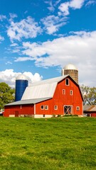 Red barn with silos, bright sky, and green field