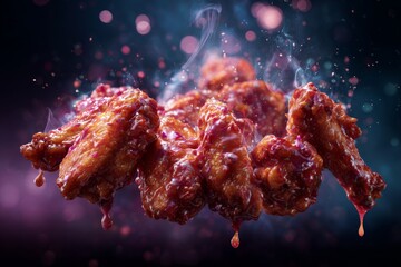Spicy glazed chicken wings dripping sauce with smoky bokeh background.