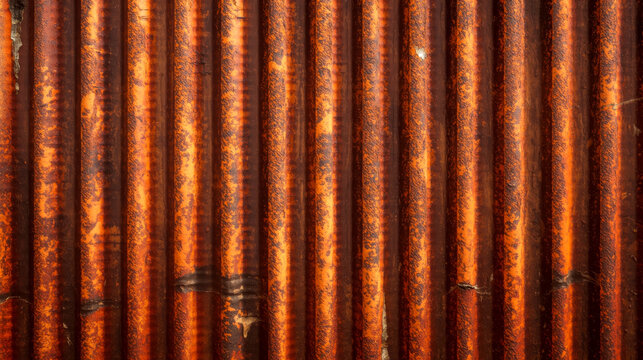 Rusty Corrugated Metal. corrugated metal sheet covered in deep rust. The texture is highly detailed, showing a rich patina of warm orange, brown, and red tones - Powered by Adobe