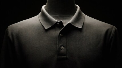 Polo shirt on dark mannequin, two buttons, collar, smooth fabric, dramatic lighting
