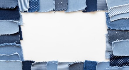 Scraps of blue fabric lining the edge creating a border or frame on a solid white background
