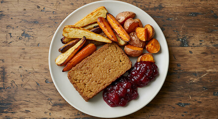 Delicious roasted vegetables and a savory loaf served with cranberry sauce, a satisfying and healthy meal