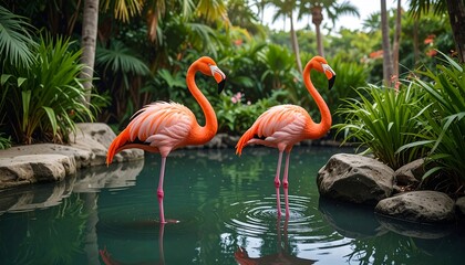 Two flamingos in a tropical pool