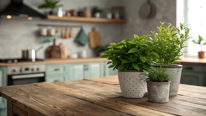 Rustic Kitchen Herb Still Life Wooden Table, Green Plants, Potted Herbs, Soft Focus Background, Kitchen Decor Kitchen, Herbs