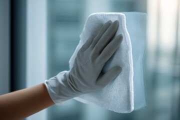 Fototapeta premium Hand with glove cleaning glass surface using cloth indoors on blurred background.