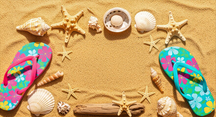 A beach scene with seashells starfish flip flops and sand creating a summer vacation themed background view