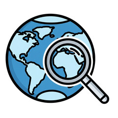 Global Search and World Exploration Icon: Magnifying Glass over Blue Earth Globe Illustrating Research, Discovery, and International Connection