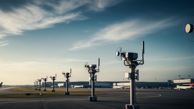Panoramic view of multiple radar masts along airside boundary demonstrating layered security coverage across airport operational zones.
