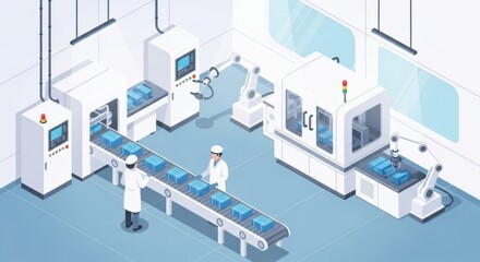 Obraz premium Automated manufacturing line with workers and robotic arms in a factory