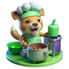 Adorable 3D Cartoon Fox Chef Cooking in Kitchen