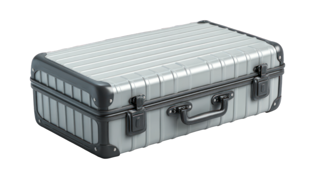 Gray metal suitcase, angled view